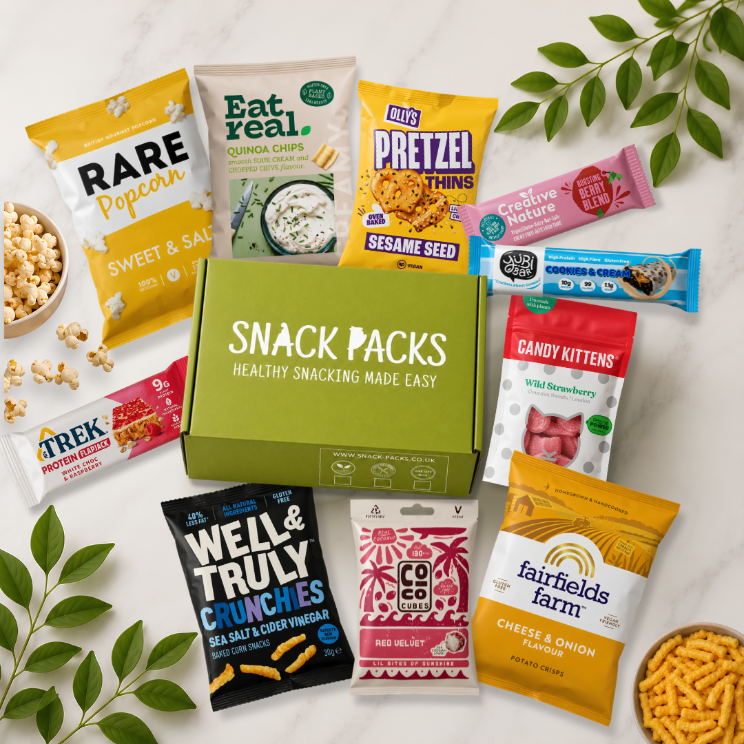 Vegan 10 Snack Subscription Box with 10 sweet and savoury vegan snacks in a green Snack Packs box, delivered monthly across the UK.