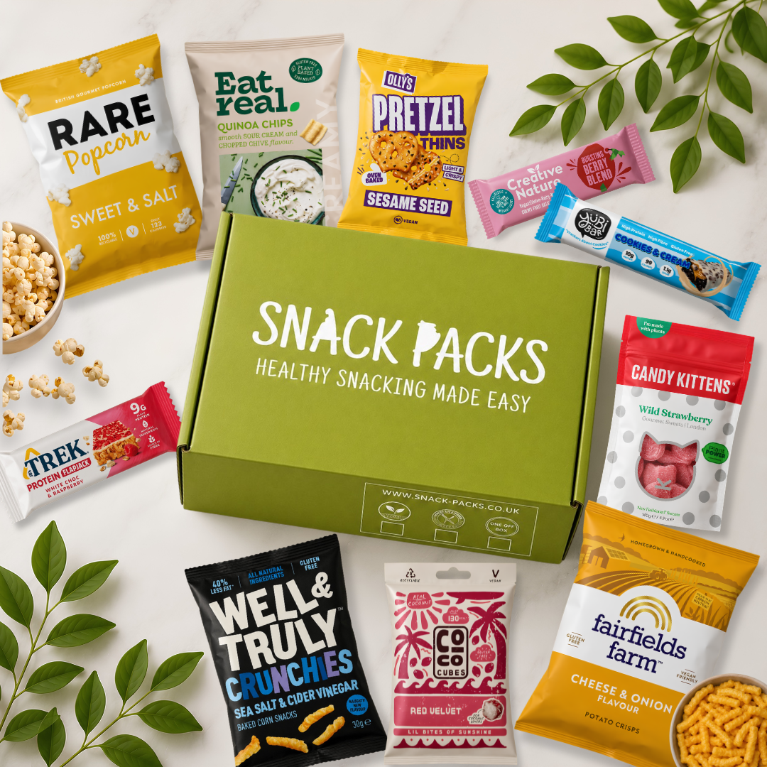 Vegan snack box with 10 healthy plant-based snacks in a green Snack Packs box