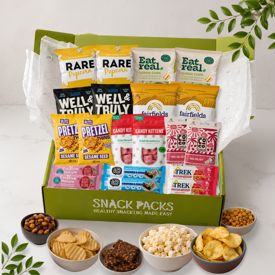 Vegan snack box containing 20 healthy plant-based snacks for home, office and corporate wellbeing