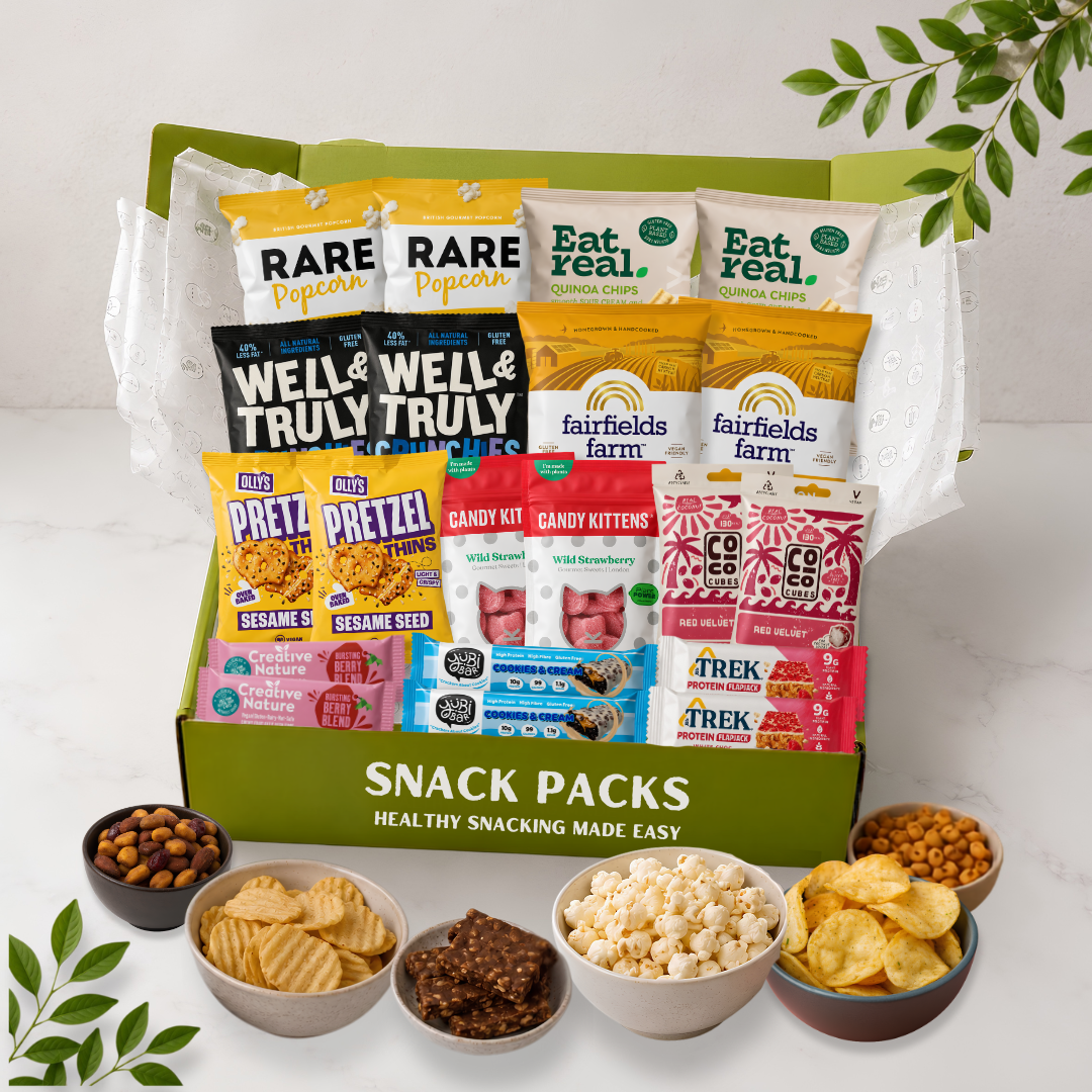 Vegan 20 Snack Subscription Box containing 20 sweet and savoury vegan snacks from trusted brands, delivered monthly across the UK.