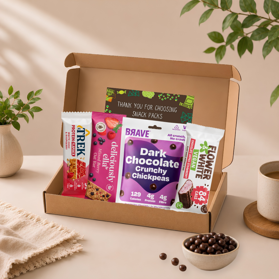Vegan postal snack box with letterbox-friendly vegan snacks delivered across the UK