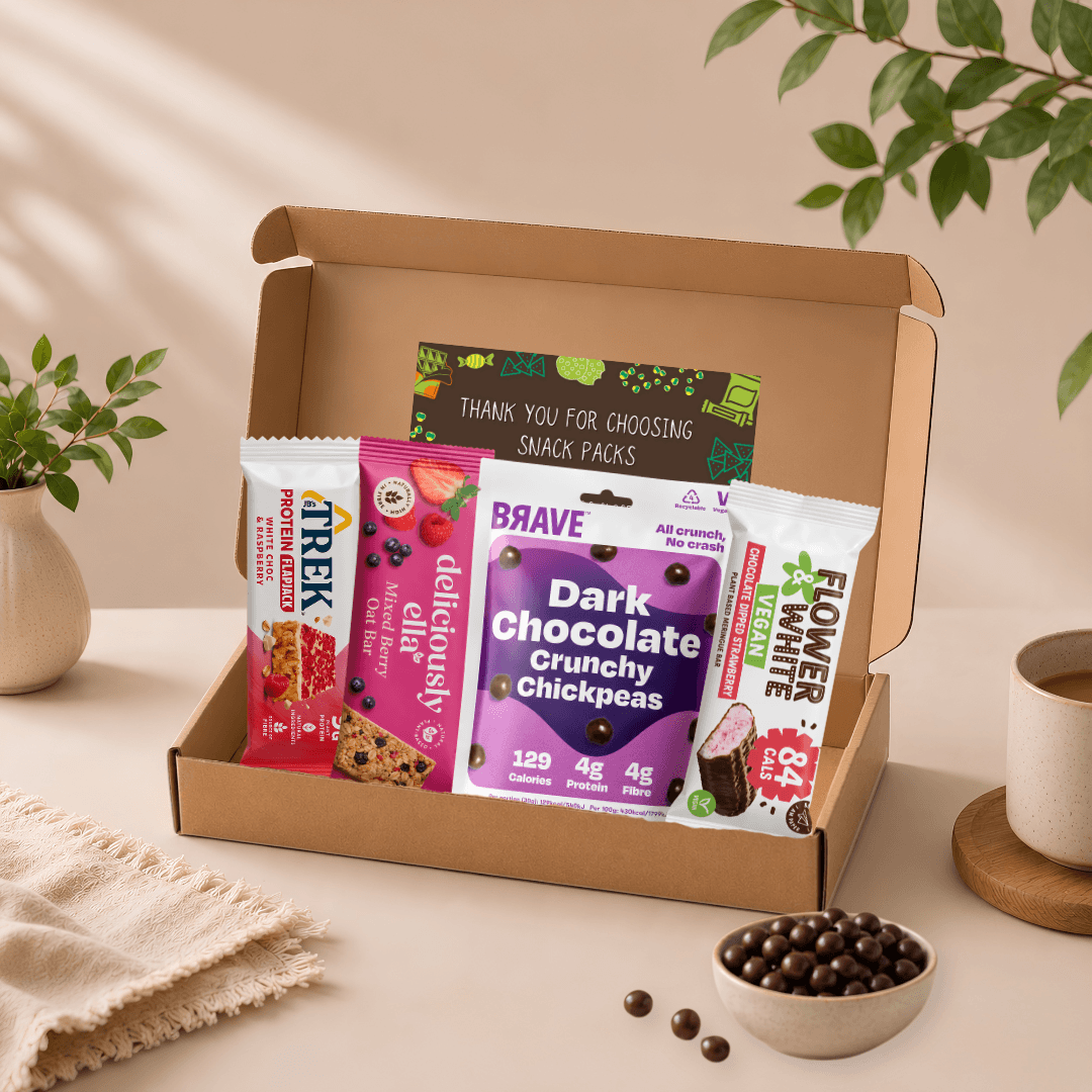 Vegan postal snack box with letterbox-friendly vegan snacks delivered across the UK