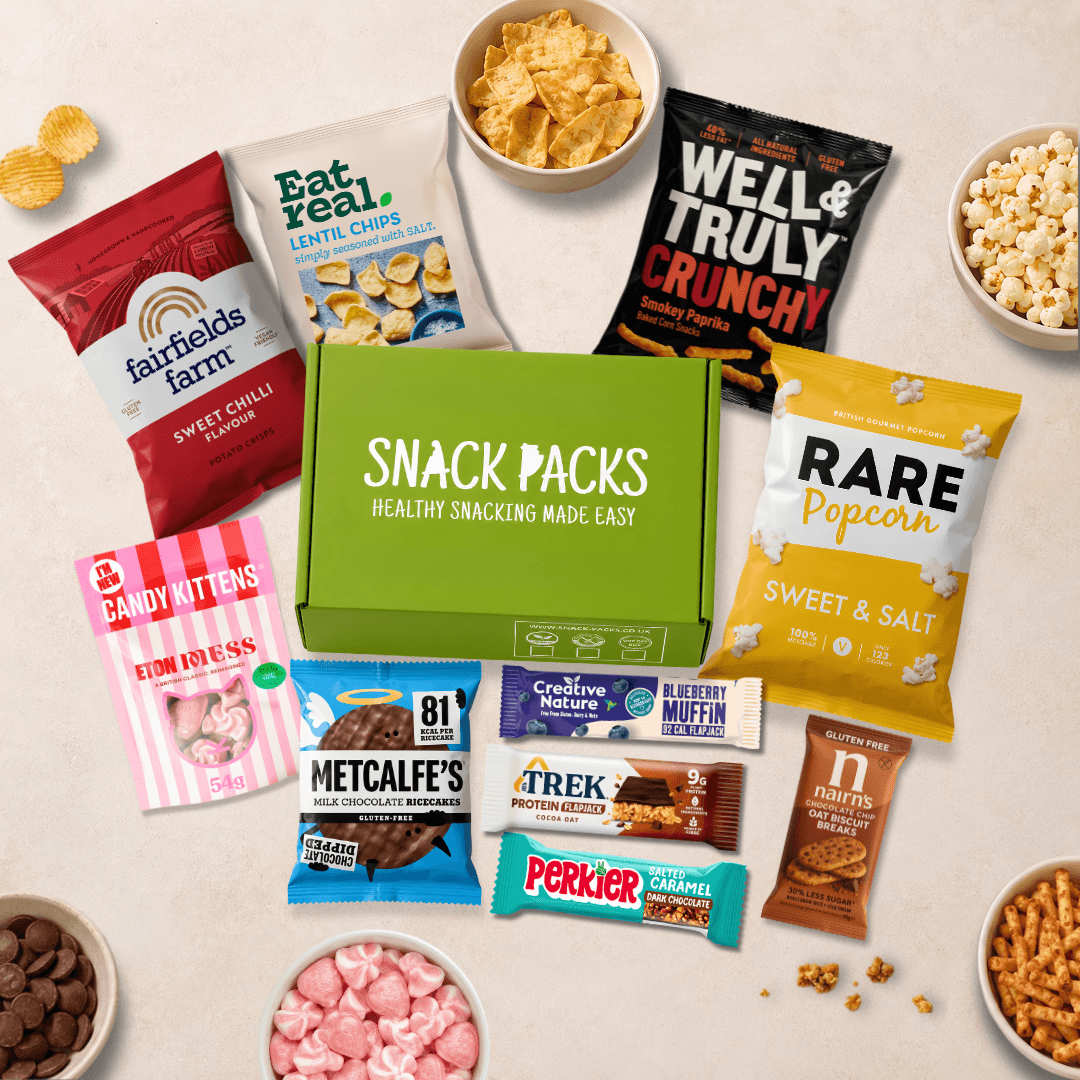 Gluten-Free 10 Snack Subscription Box with premium sweet and savoury gluten-free snacks in a green Snack Packs gift box.