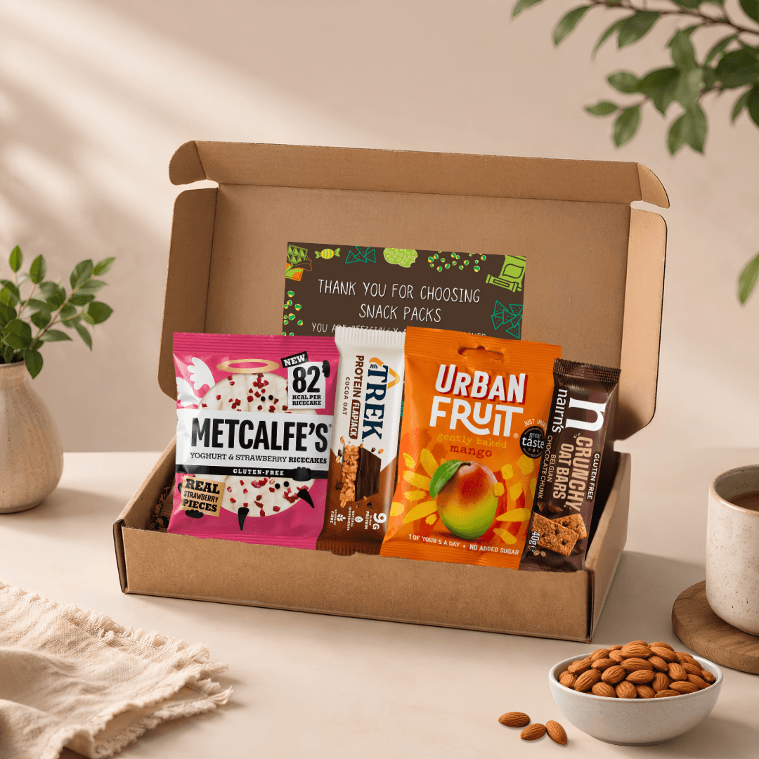 Gluten-Free postal snack box with four individually wrapped gluten-free snacks, ideal as a letterbox gift or snack sample.