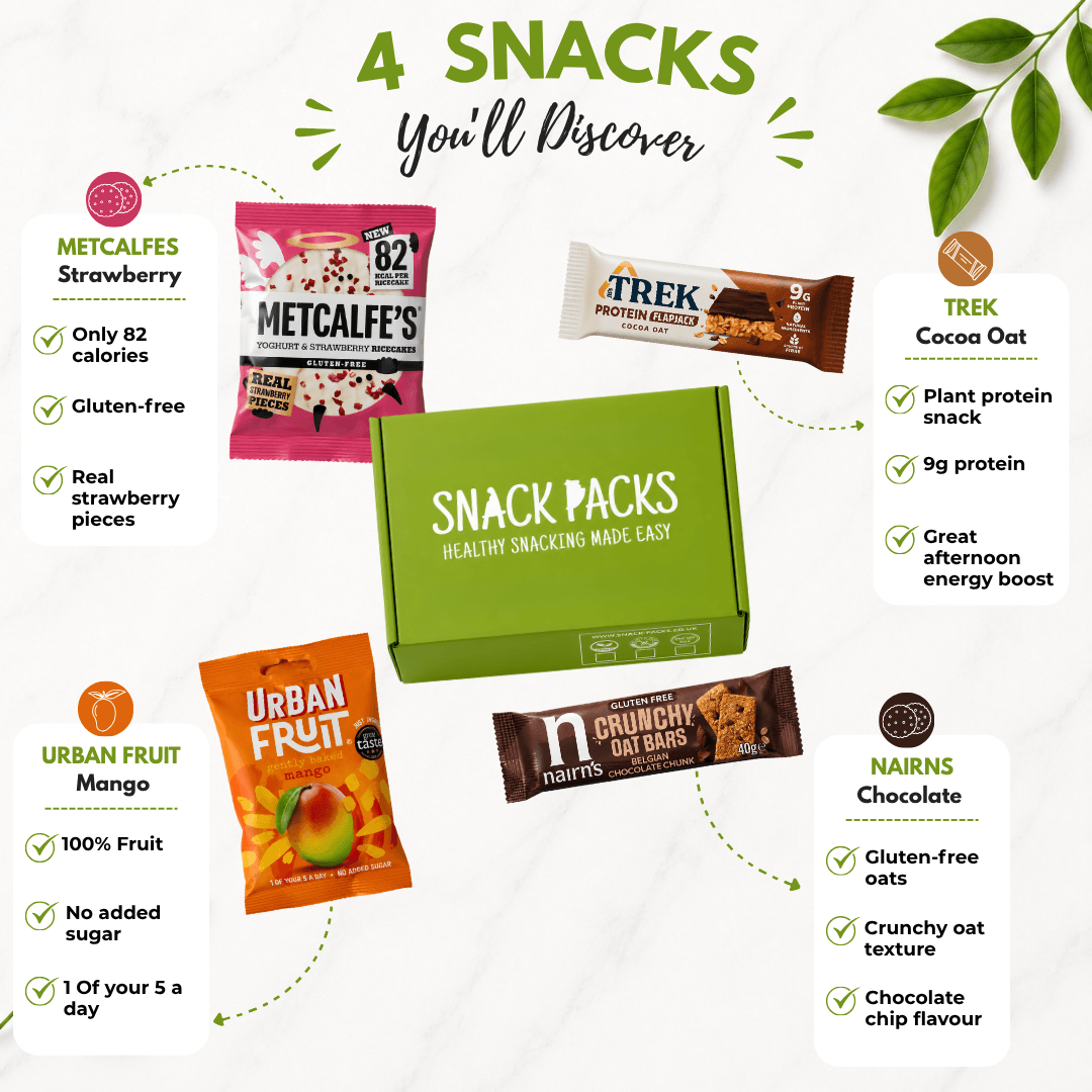 Four gluten-free snacks included in the Snack Packs gluten-free postal snack box, featuring individually wrapped gluten-free treats.