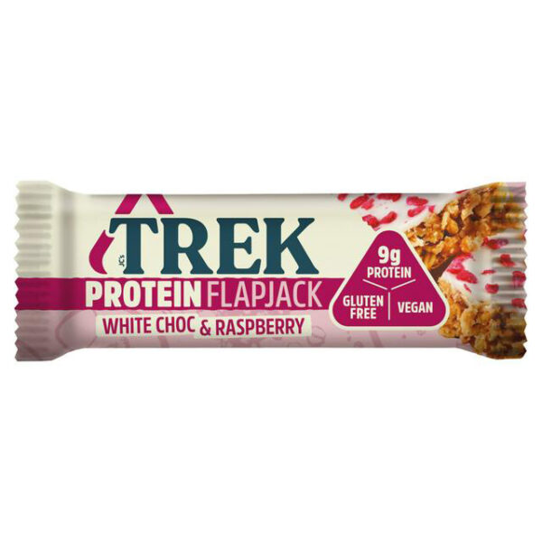 trek protein flapjack white chocolate and raspberry gluten free and vegan