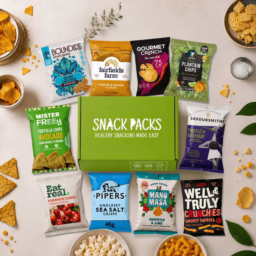 Snack Packs Crisp-tastic Vegan & Gluten-Free Snack Box featuring 10 healthy crisps and savoury snacks with free UK delivery