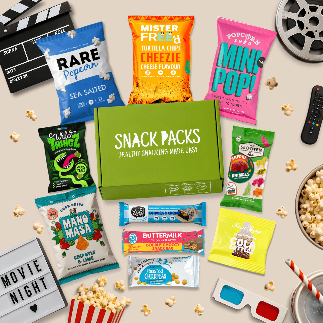 Movie Night Snack Box by Snack Packs with 10 vegan and gluten-free snacks for the perfect family movie night and free UK delivery