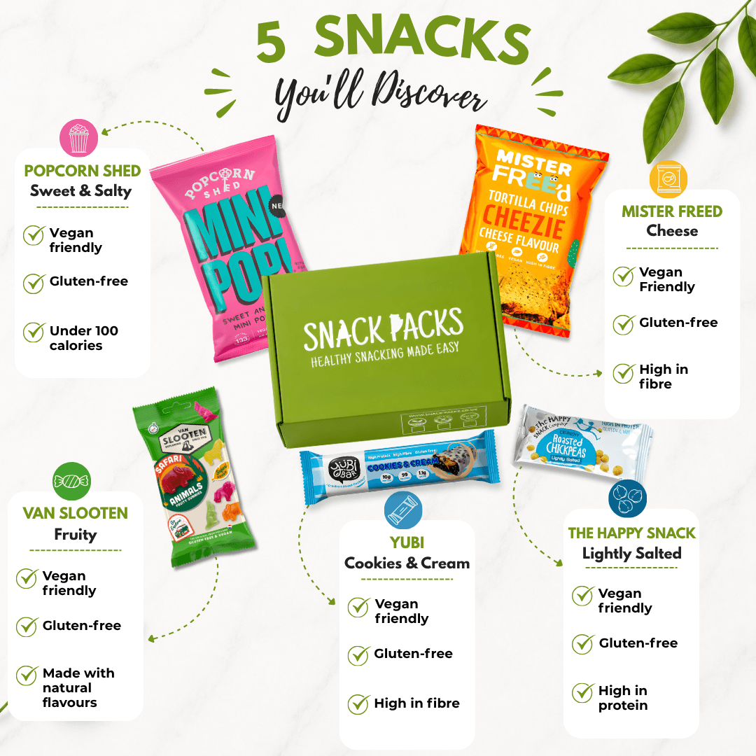 Example snacks included in the Snack Packs Movie Night Snack Box featuring vegan, gluten-free and high-protein movie night favourites
