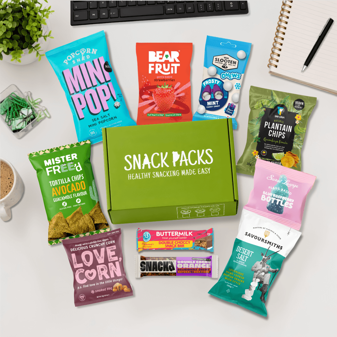 Healthy Office Snack Box by Snack Packs with 10 vegan and gluten-free office snacks delivered across the UK