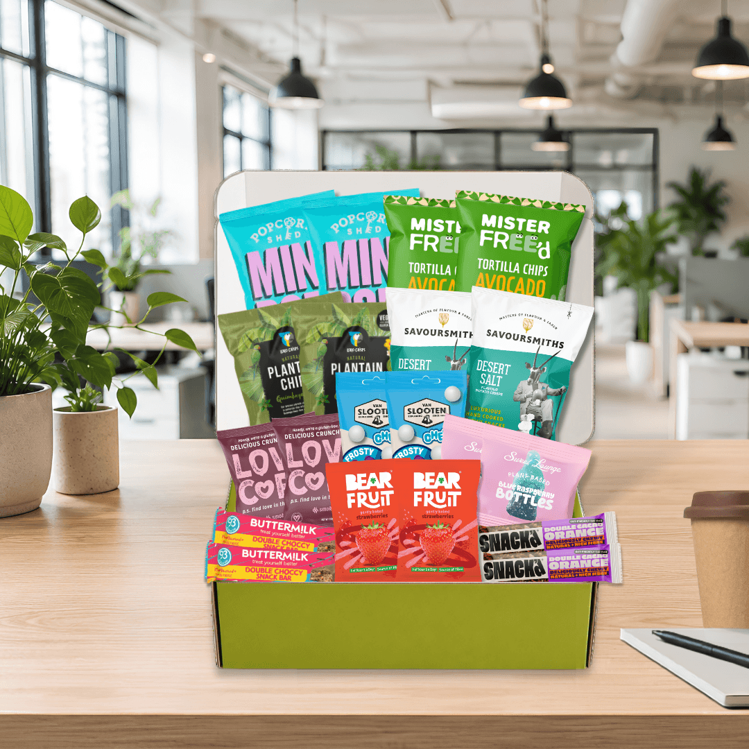 Large Office Snack Box by Snack Packs with 20 healthy vegan and gluten-free snacks for teams and workplaces