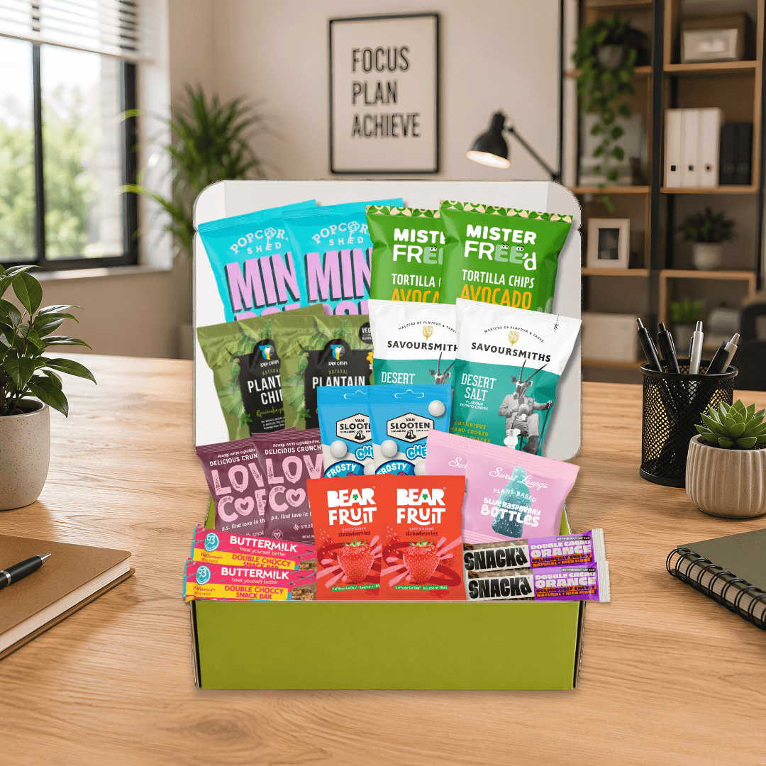 Large Office Snack Box by Snack Packs with 20 healthy vegan and gluten-free snacks for teams and workplaces