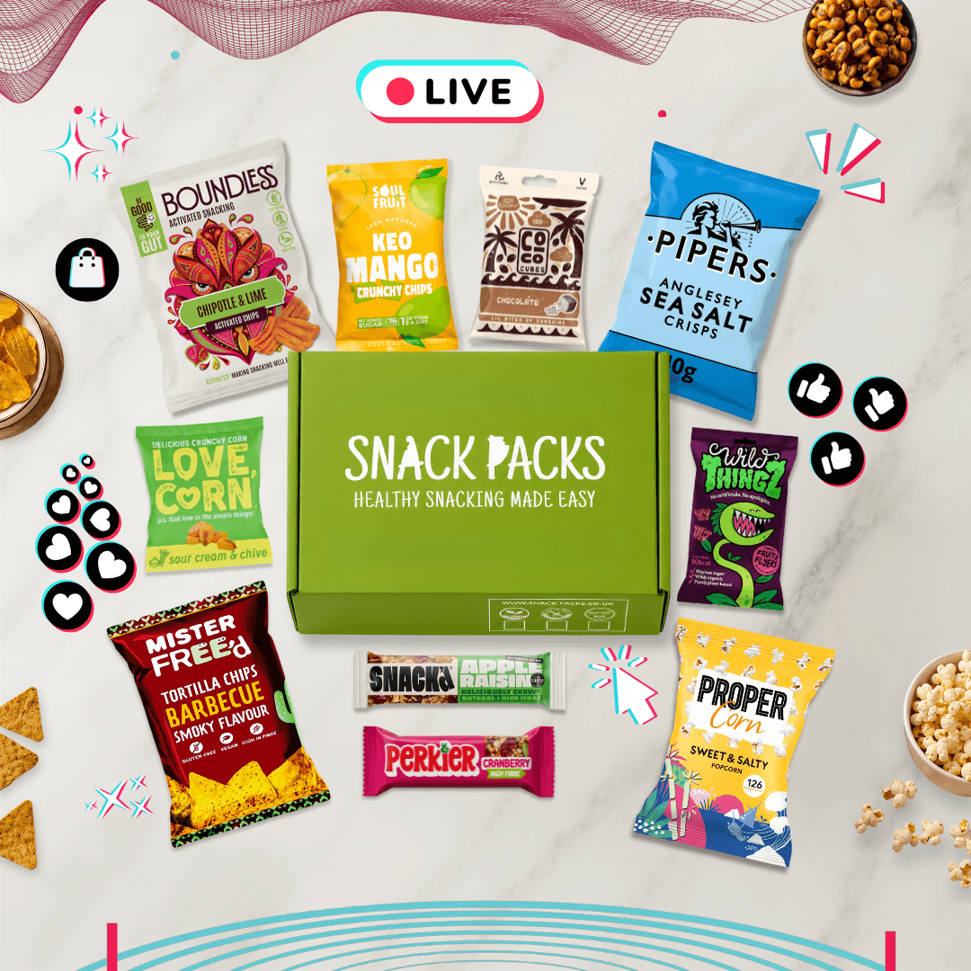 TikTok Snack Box by Snack Packs with 10 viral vegan and gluten-free snacks inspired by popular TikTok food trends and free UK delivery