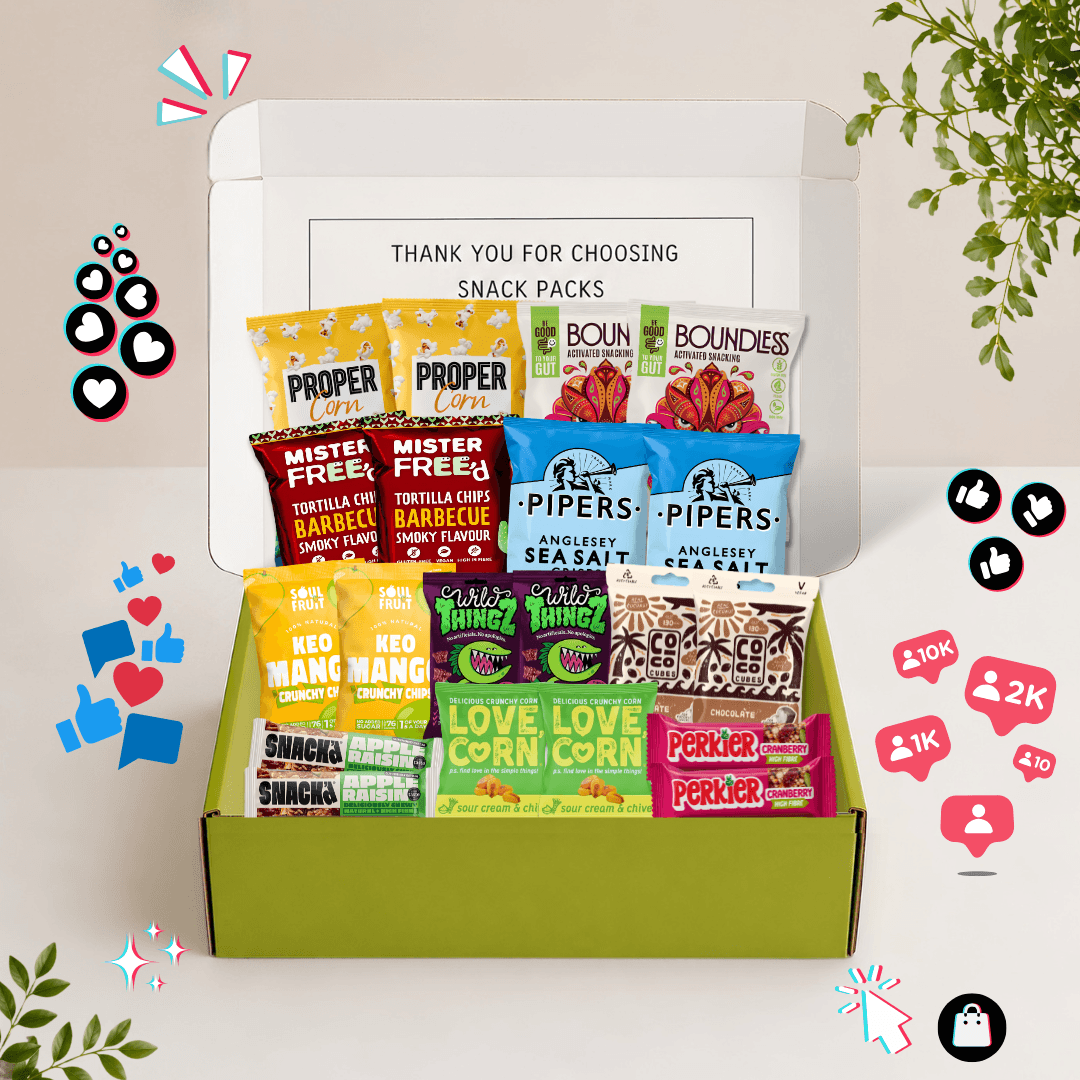 Large TikTok Snack Box by Snack Packs with 20 trending vegan and gluten-free snacks for sharing, gifting and viral food lovers