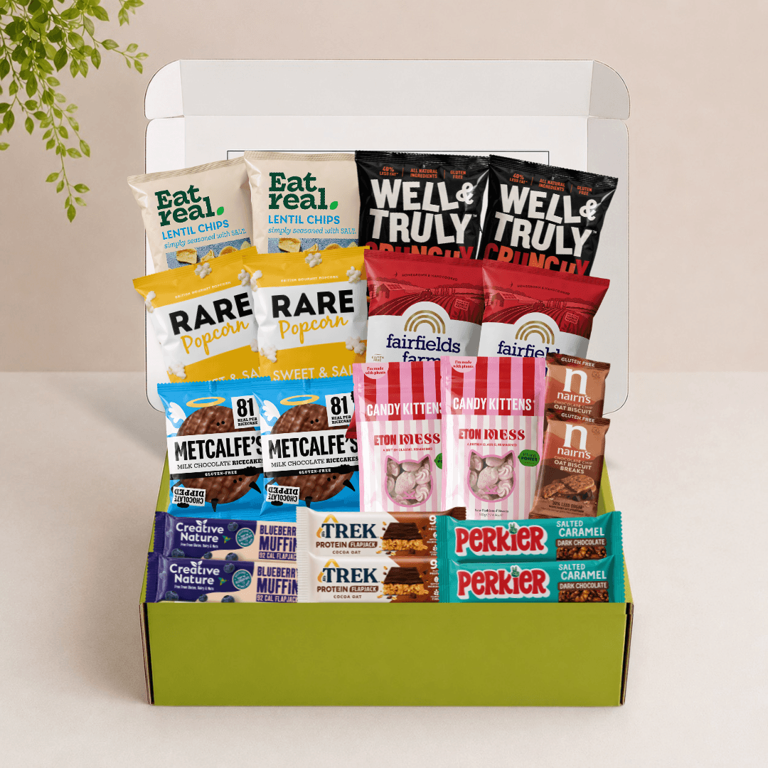 Gluten-Free 20 Snack Subscription Box filled with 20 premium sweet and savoury gluten-free snacks from trusted brands.