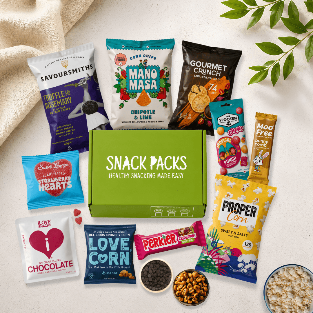 Gluten-free and vegan 10 snack box by Snack Packs with 10 healthy sweet and savoury snacks and free UK delivery