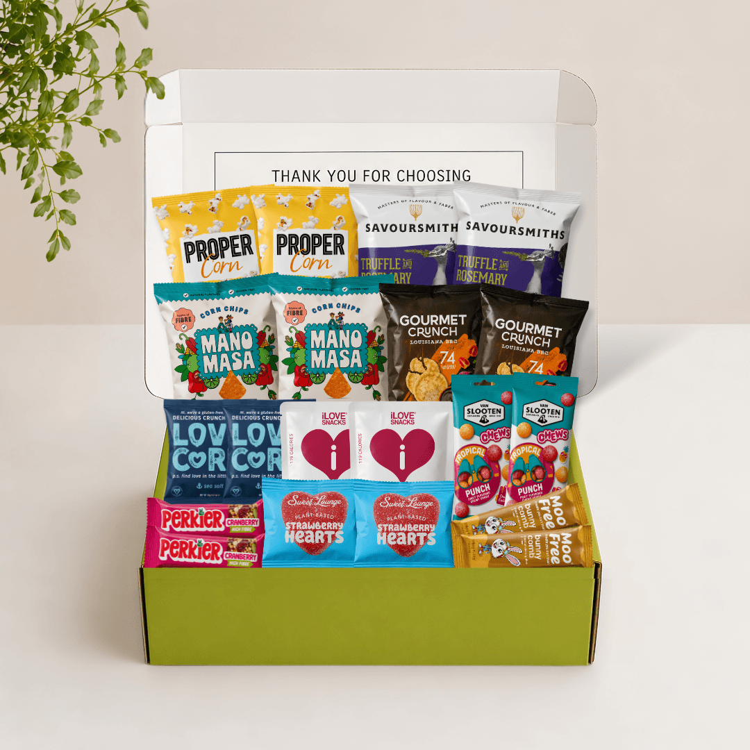 Open Snack Packs gluten-free and vegan snack box showing 10 individually wrapped healthy vegan and gluten-free snacks