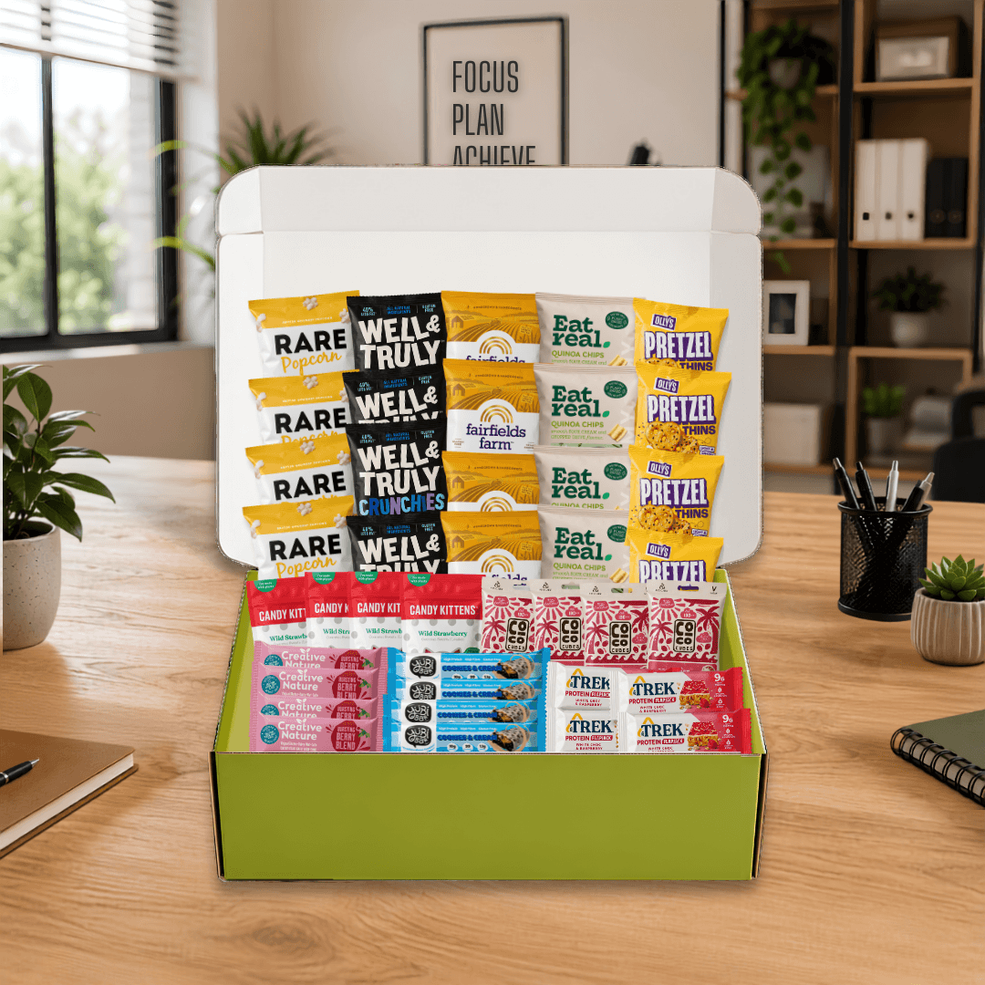 Vegan 40 Snack Office Subscription Box with 40 sweet and savoury vegan snacks in a green Snack Packs box, delivered monthly across the UK.