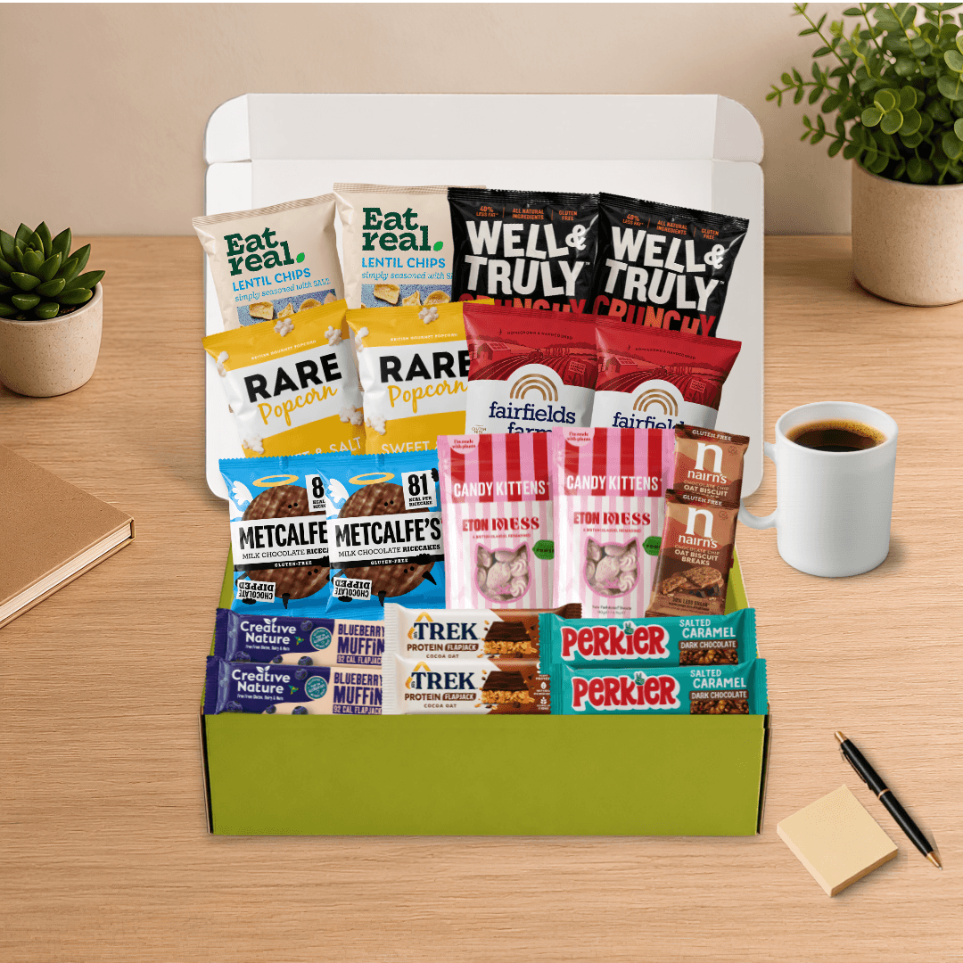 Gluten-Free Office Snack Subscription Box with 20 premium gluten-free snacks for workplaces and employee wellbeing.