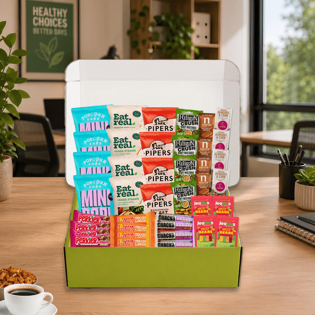 Large Healthy Office Snack Box from Snack Packs containing 40 premium vegan and gluten-free snacks for workplace wellbeing and team rewards