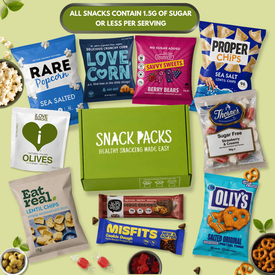 Low Sugar Snack Box containing 10 low sugar sweet and savoury snacks including protein bars, popcorn, lentil chips, olives and no added sugar sweets with free UK delivery.