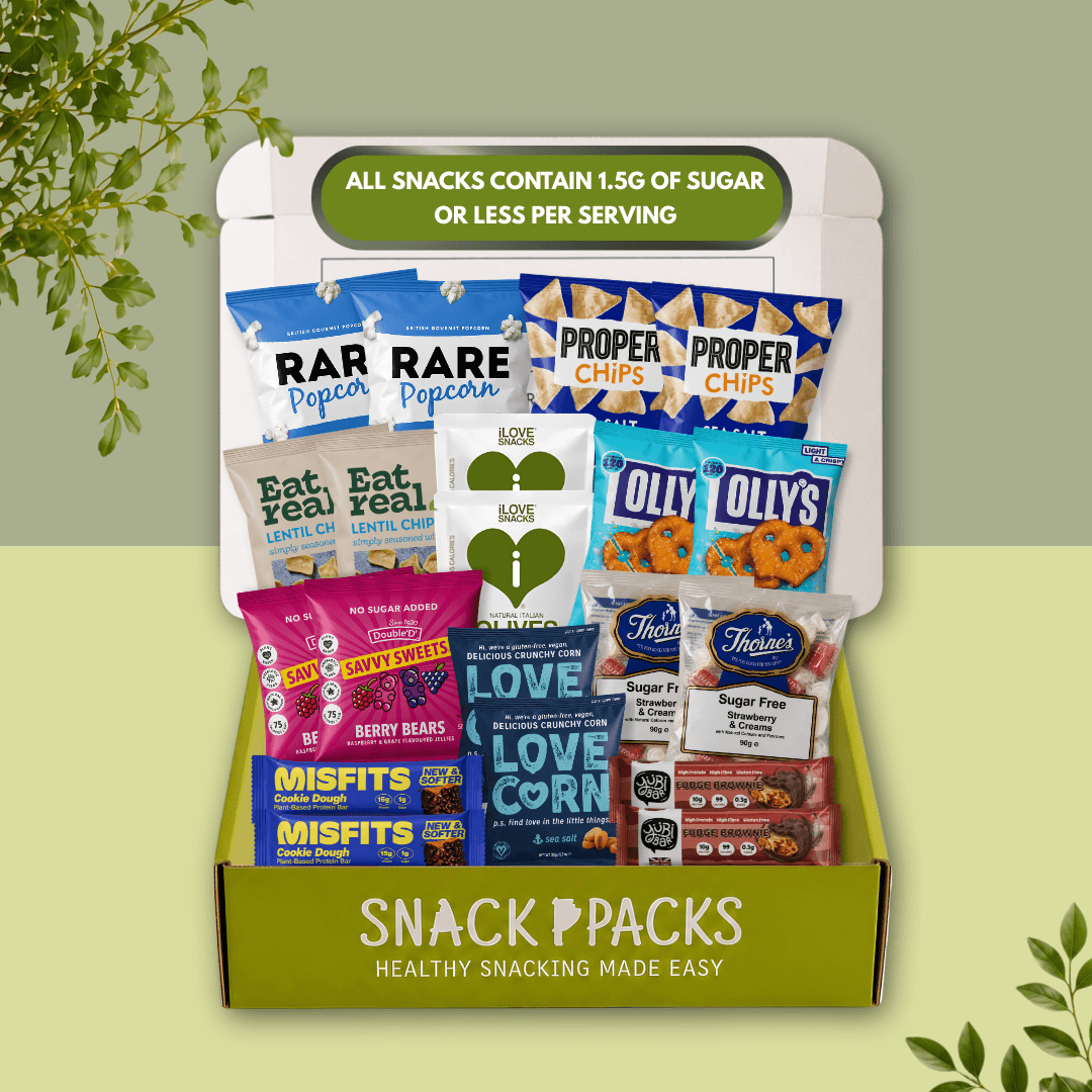 Open Low Sugar Snack Box filled with 10 carefully selected low sugar snacks including popcorn, protein bars, olives, lentil chips and sugar free sweets.