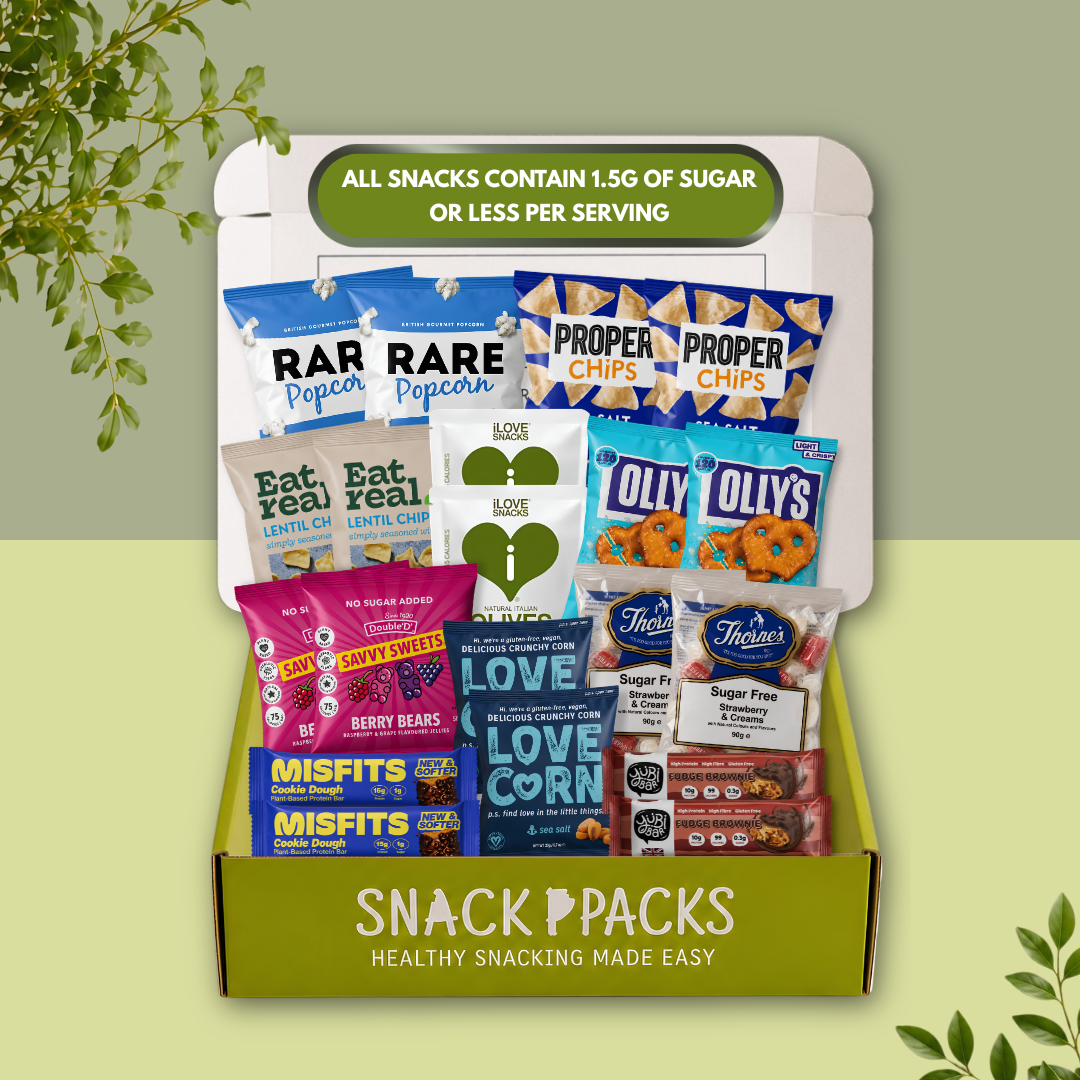 Open Low Sugar Snack Box filled with 10 carefully selected low sugar snacks including popcorn, protein bars, olives, lentil chips and sugar free sweets.