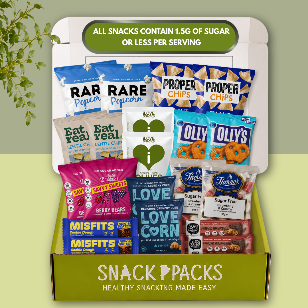 Open Low Sugar Snack Box filled with 10 carefully selected low sugar snacks including popcorn, protein bars, olives, lentil chips and sugar free sweets.