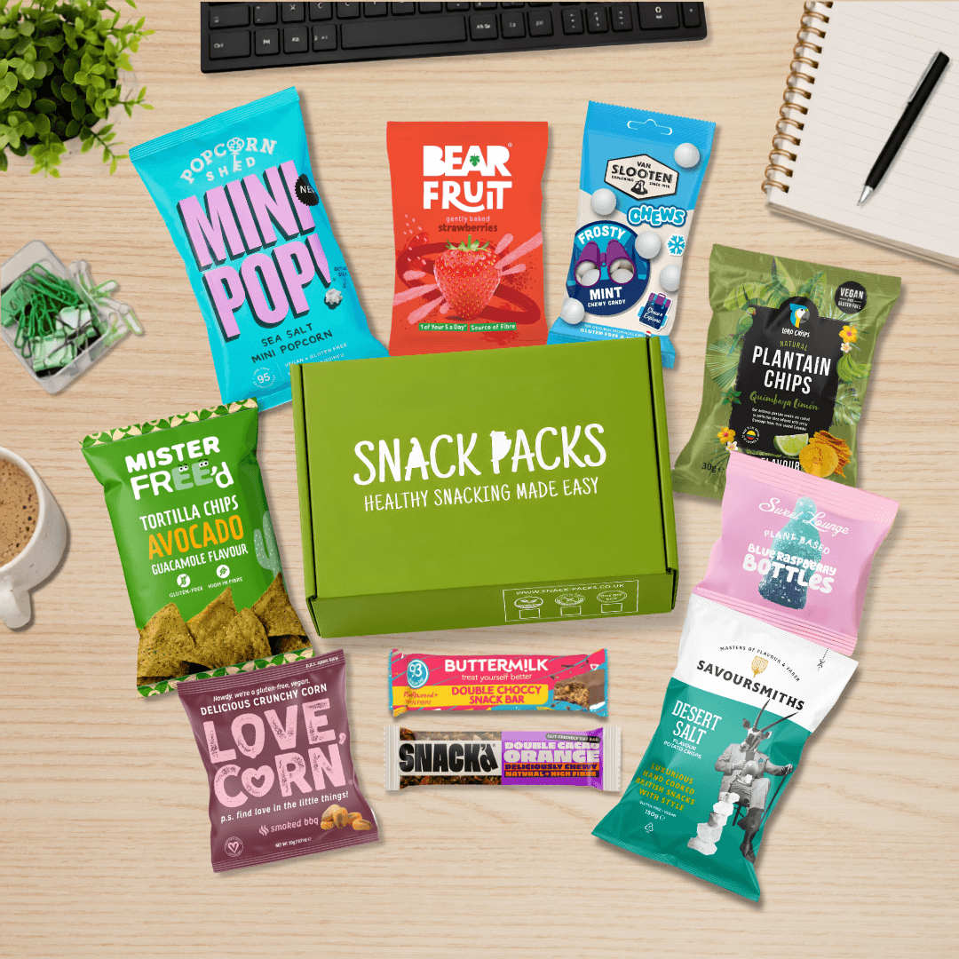 Healthy Office Snack Box by Snack Packs with 10 vegan and gluten-free office snacks delivered across the UK