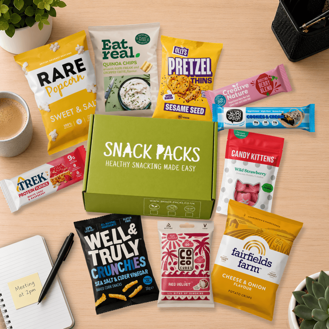 Vegan 10 Snack Subscription Box with 10 sweet and savoury vegan snacks in a green Snack Packs box, delivered monthly across the UK.