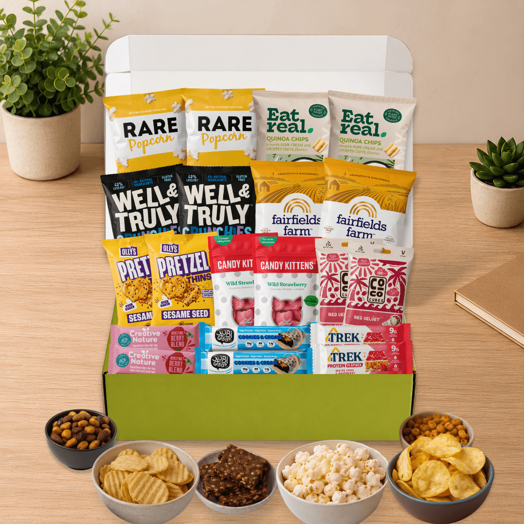 Vegan 20 Snack Subscription Box with 20 sweet and savoury vegan snacks in a green Snack Packs box, delivered monthly across the UK.