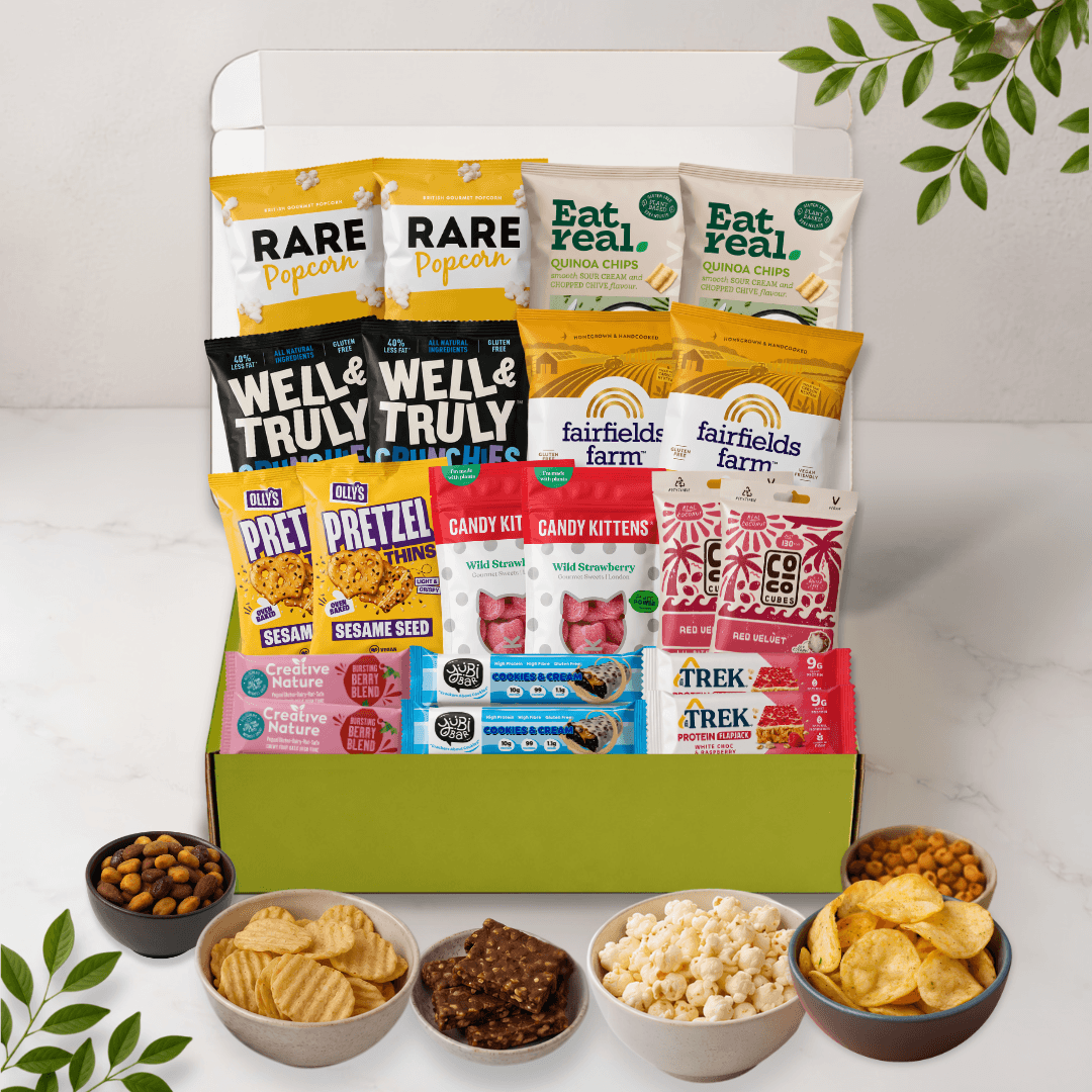Vegan 20 Snack Subscription Box with 20 sweet and savoury vegan snacks in a green Snack Packs box, delivered monthly across the UK.