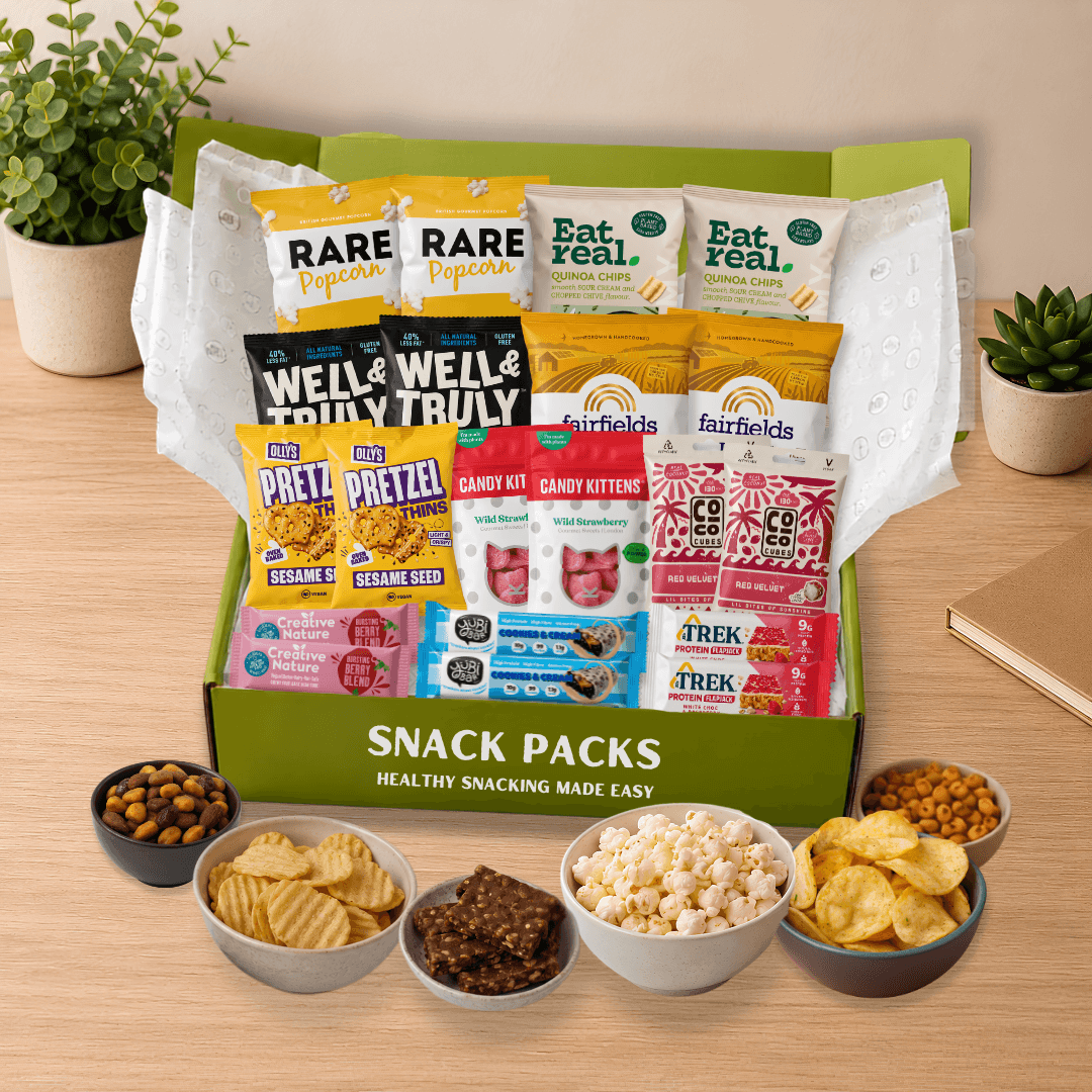 Vegan 20 Snack Subscription Box with 20 sweet and savoury vegan snacks in a green Snack Packs box, delivered monthly across the UK.